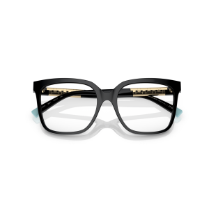 Occhiale Tiffany & Co., montatura quadrata, colore nero con dettagli azzurri e dettagli interni dorati.