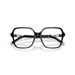 Occhiali da vista, montatura nera squadrata in acetato con dettagli dorati e terminali azzurri.