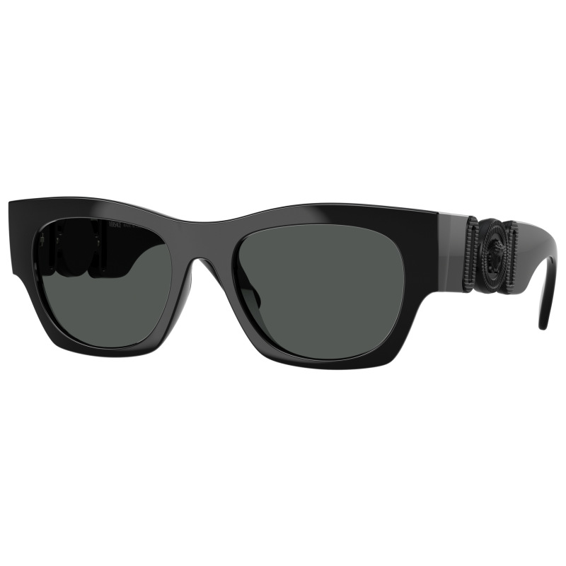 Occhiali da sole Versace, forma cat-eye nera con decorazione Medusa sulle aste.