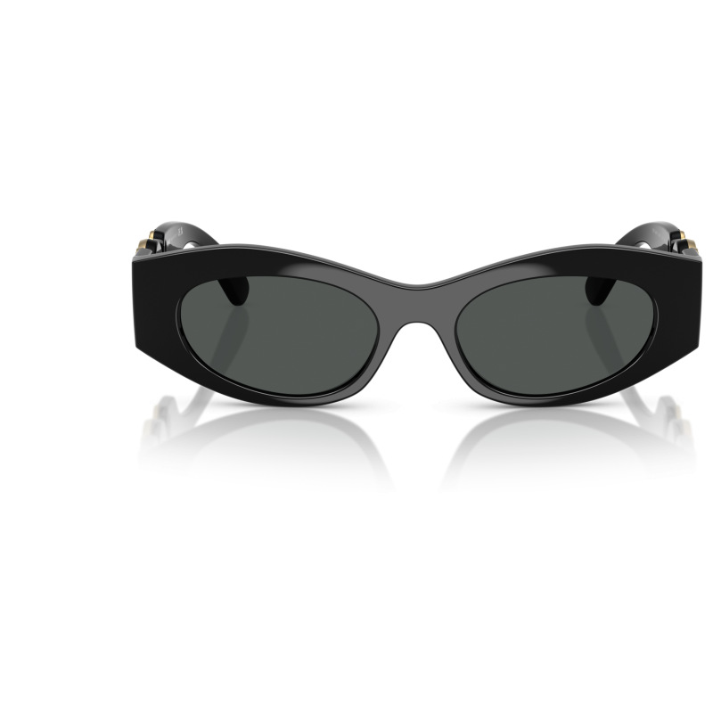 Occhiali da sole a mascherina, montatura nera spessa, forma ondulata.