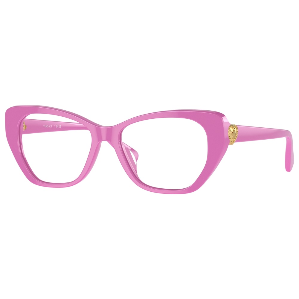 Occhiali Versace, montatura cat-eye, rosa acceso con dettagli dorati sui lati.