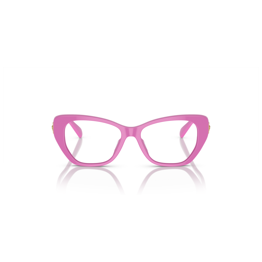 Occhiali cat-eye rosa con montatura spessa e dettagli dorati. Design moderno e audace. Marchio ignoto.