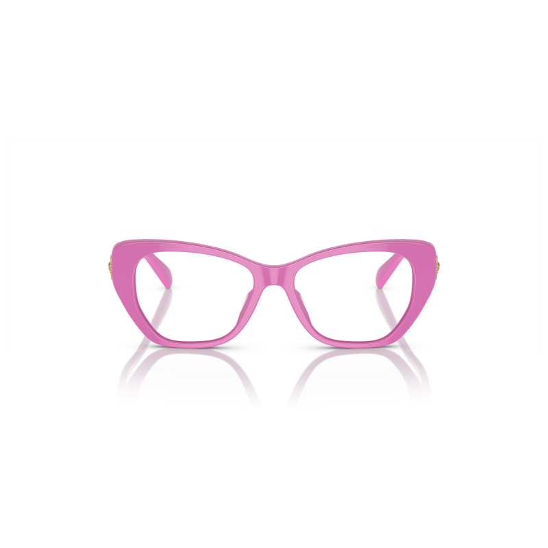 Occhiali cat-eye rosa con montatura spessa e dettagli dorati. Design moderno e audace. Marchio ignoto.