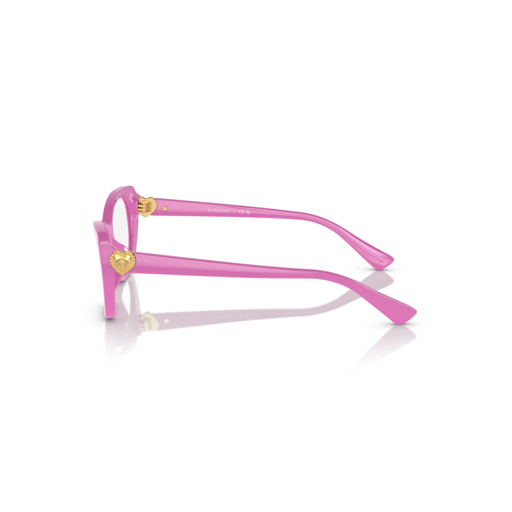 Occhiali Versace: montatura rettangolare rosa con dettagli cuore dorati.