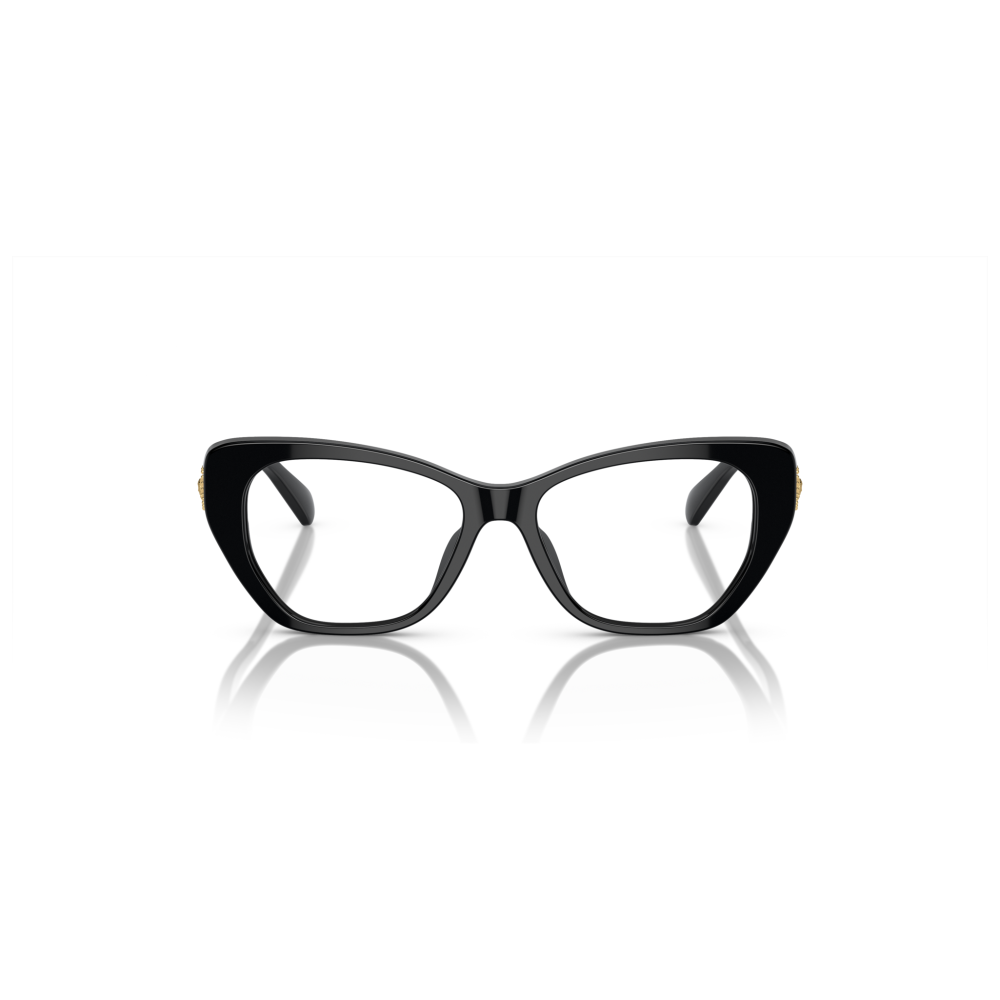 Occhiali cat-eye con montatura nera spessa, dettagli dorati sulle aste. Eleganti e distintivi.
