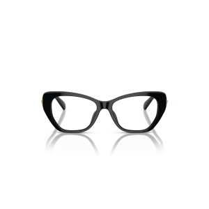 Occhiali cat-eye con montatura nera spessa, dettagli dorati sulle aste. Eleganti e distintivi.