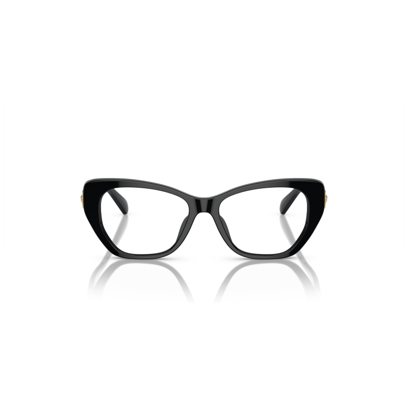 Occhiali cat-eye con montatura nera spessa, dettagli dorati sulle aste. Eleganti e distintivi.