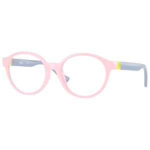 Montatura occhiali Versace, rotonda, rosa con aste grigie e dettagli gialli.