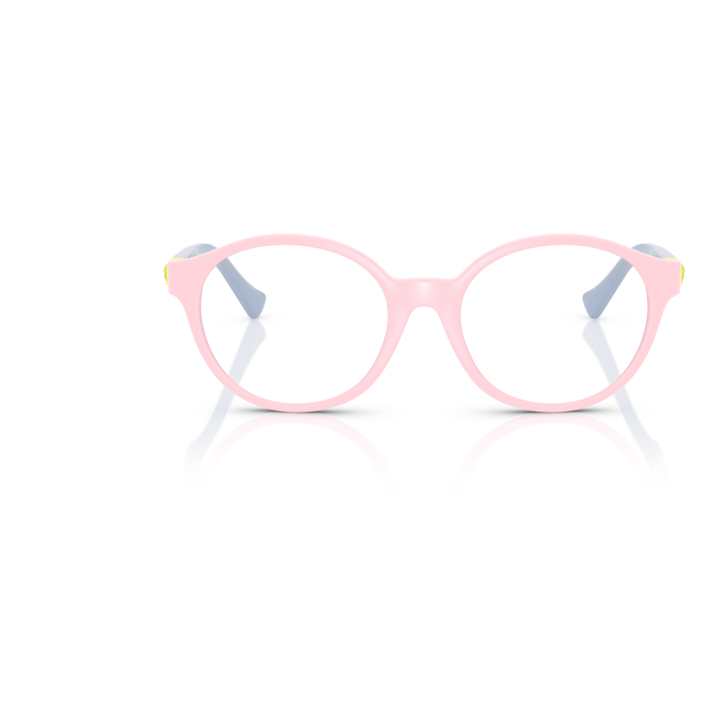 Occhiale tondo rosa con aste blu, design moderno. Montatura colorata, leggera ed elegante, senza marchio visibile.