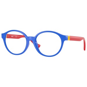 Occhiali Versace, montatura rotonda blu con aste rosse e dettagli gialli.