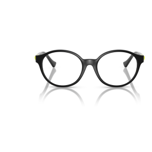 Occhiali tondi neri con dettagli gialli, stile moderno ed elegante. Montatura spessa e robusta.