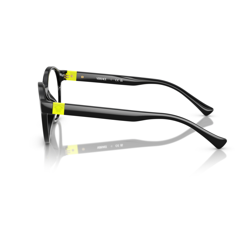 Occhiali Versace, montatura rettangolare nera con dettagli gialli sulle aste, logo visibile.