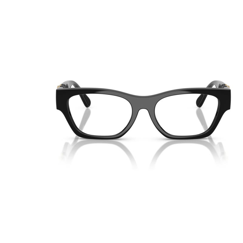 Occhiali da vista Prada, montatura rettangolare spessa, colore nero con dettagli dorati.