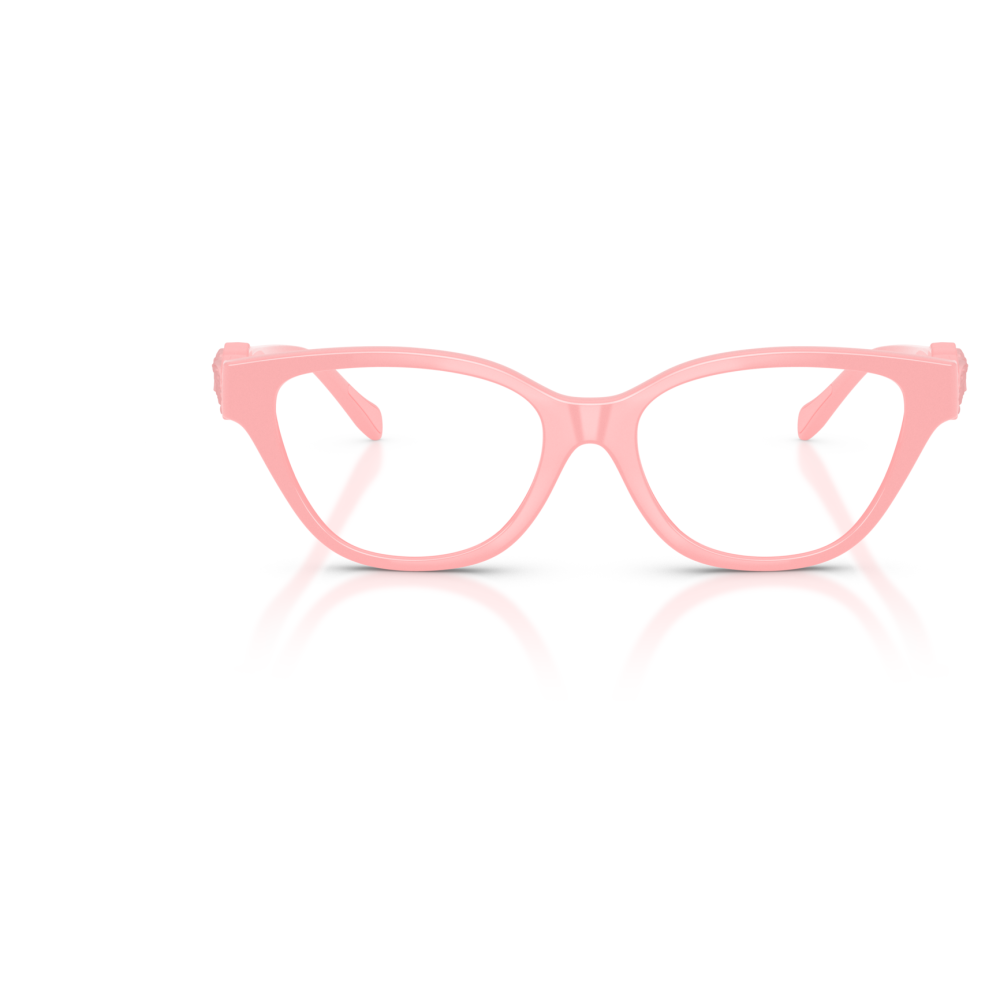 Occhiali da vista con montatura rosa, forma a farfalla. Marchio non specificato.