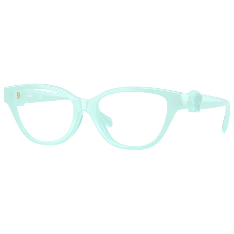 Occhiali Versace cat-eye, montatura plastica verde chiaro con dettaglio medusa sulle aste.