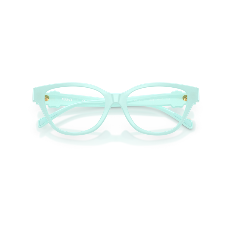 Occhiali Versace cat-eye, montatura in acetato menta chiara, dettagli dorati sulle aste.
