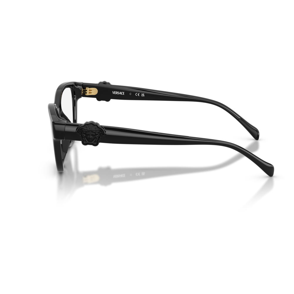 Occhiali Versace, montatura nera rettangolare, dettaglio Medusa laterale.