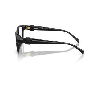 Occhiali Versace, montatura nera rettangolare, dettaglio Medusa laterale.