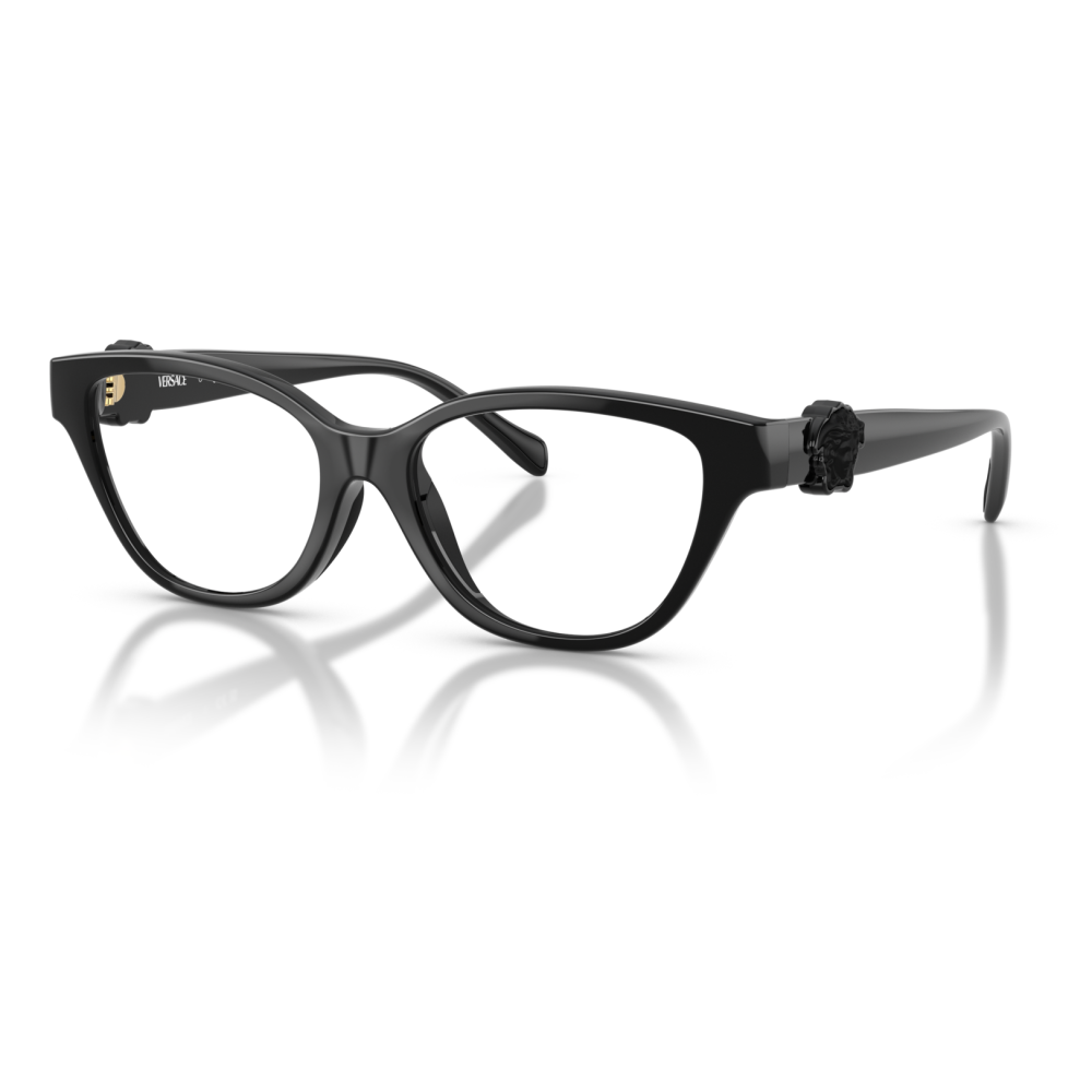 Occhiali Versace con montatura nera, forma cat-eye, dettagli decorativi sulle aste.