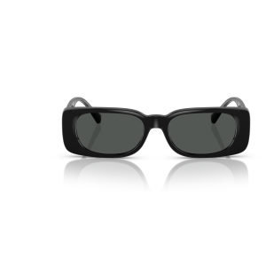 Occhiali da sole, montatura nera rettangolare spessa, lenti scure, design moderno e sofisticato.