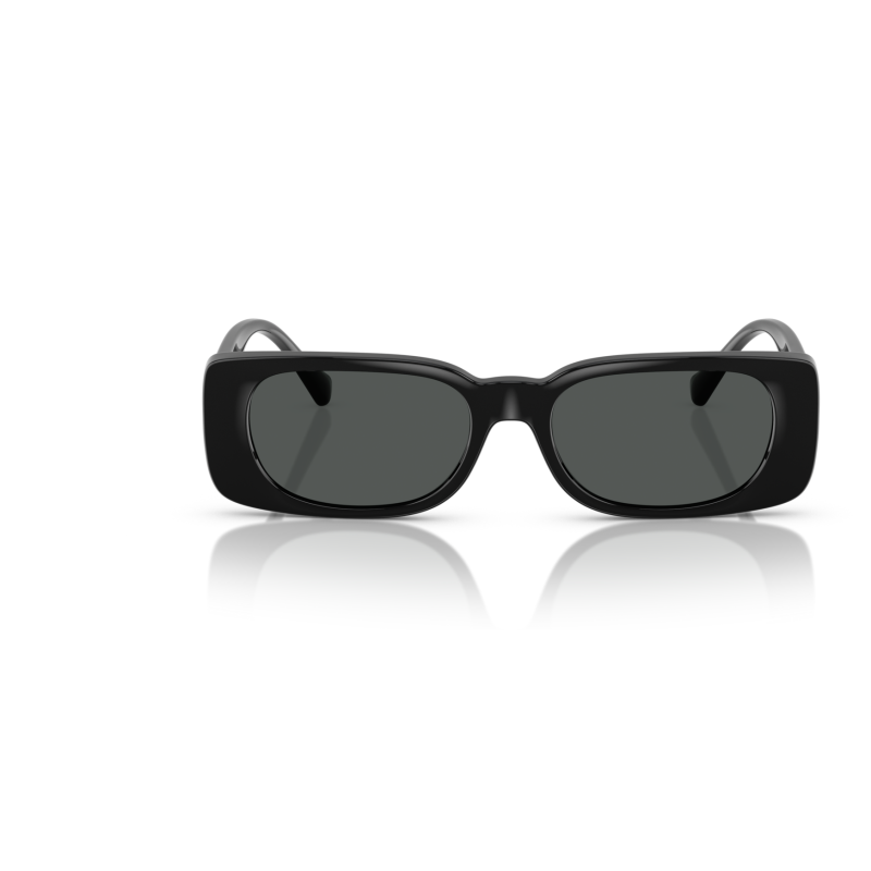 Occhiali da sole, montatura nera rettangolare spessa, lenti scure, design moderno e sofisticato.