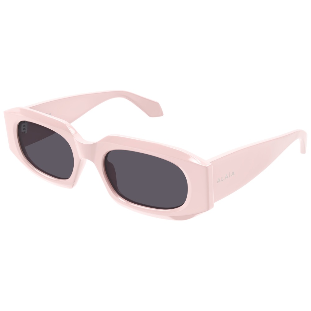 Occhiali Alaïa, forma rettangolare, montatura rosa chiaro, lenti scure.