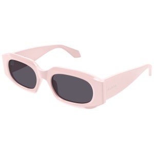 Occhiali Alaïa, forma rettangolare, montatura rosa chiaro, lenti scure.