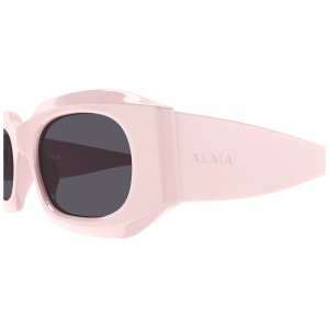 Occhiali Alaïa, montatura rettangolare rosa chiaro, design audace e moderno.