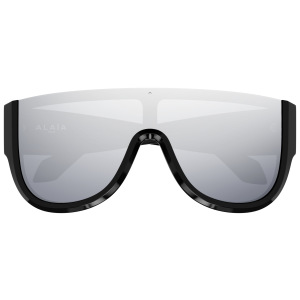 AA0087S-003-front-xxl Occhiale da sole Alaïa, montatura nera spessa, visiera ampia e lente sfumata grigia.