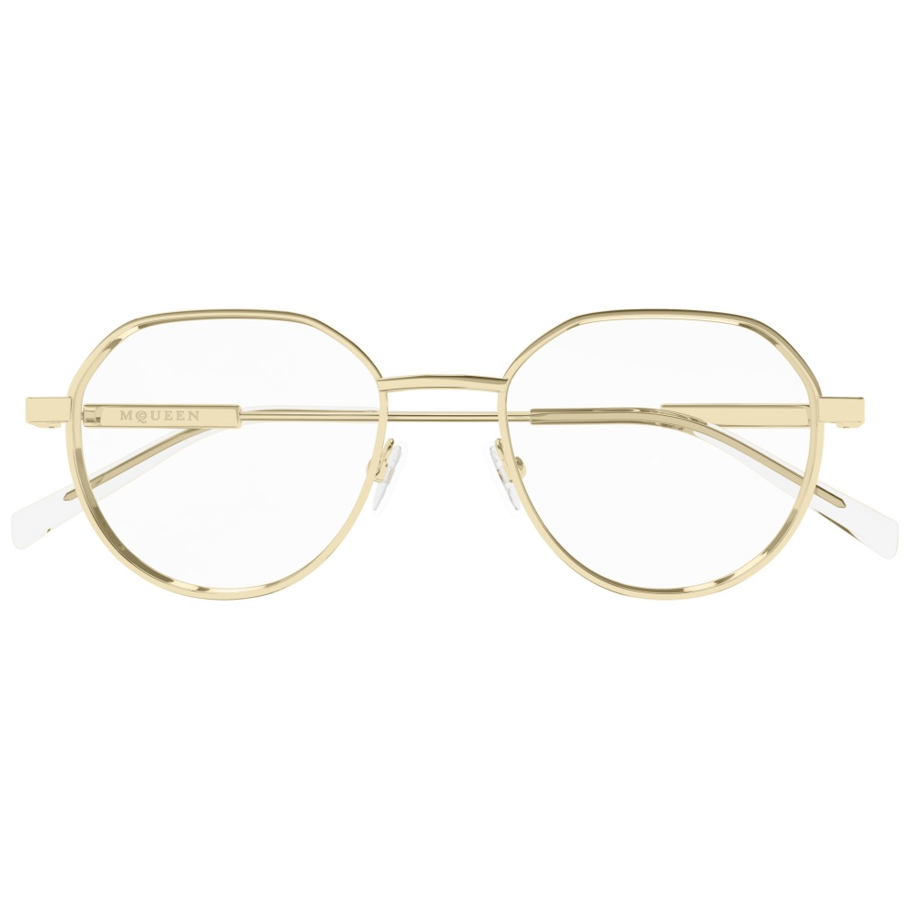 Occhiali McQueen dorati, montatura rotonda sottile, design elegante e moderno.
