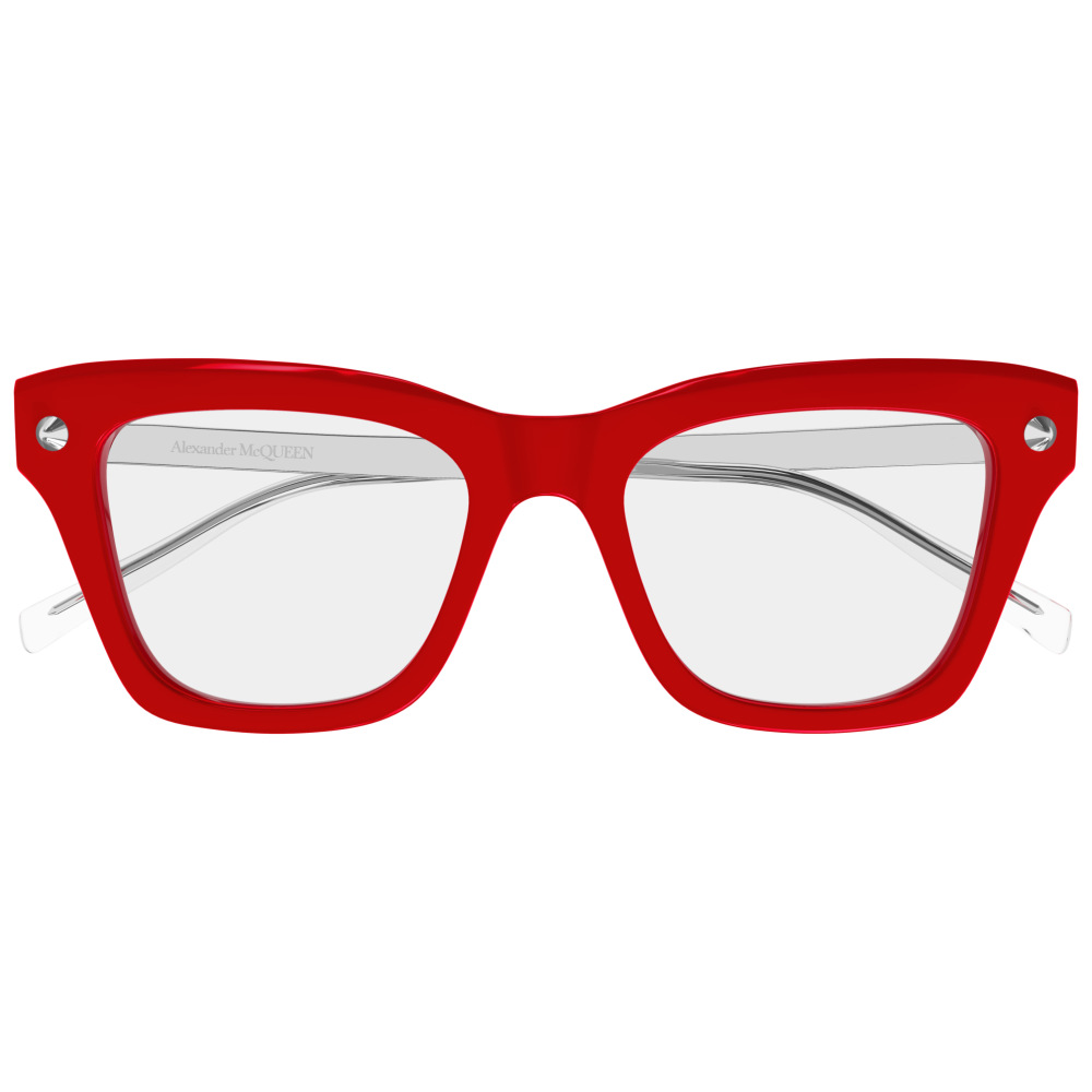 Occhiali Alexander McQueen, montatura squadrata rossa traslucida, dal design audace e moderno.