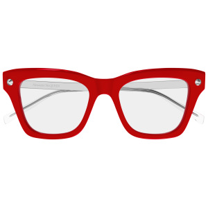 Occhiali Alexander McQueen, montatura squadrata rossa traslucida, dal design audace e moderno.