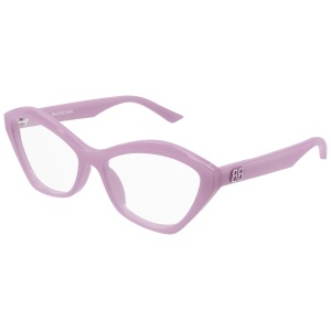 Montatura cat-eye lilla, marchio Balenciaga, forma elegante e arrotondata.