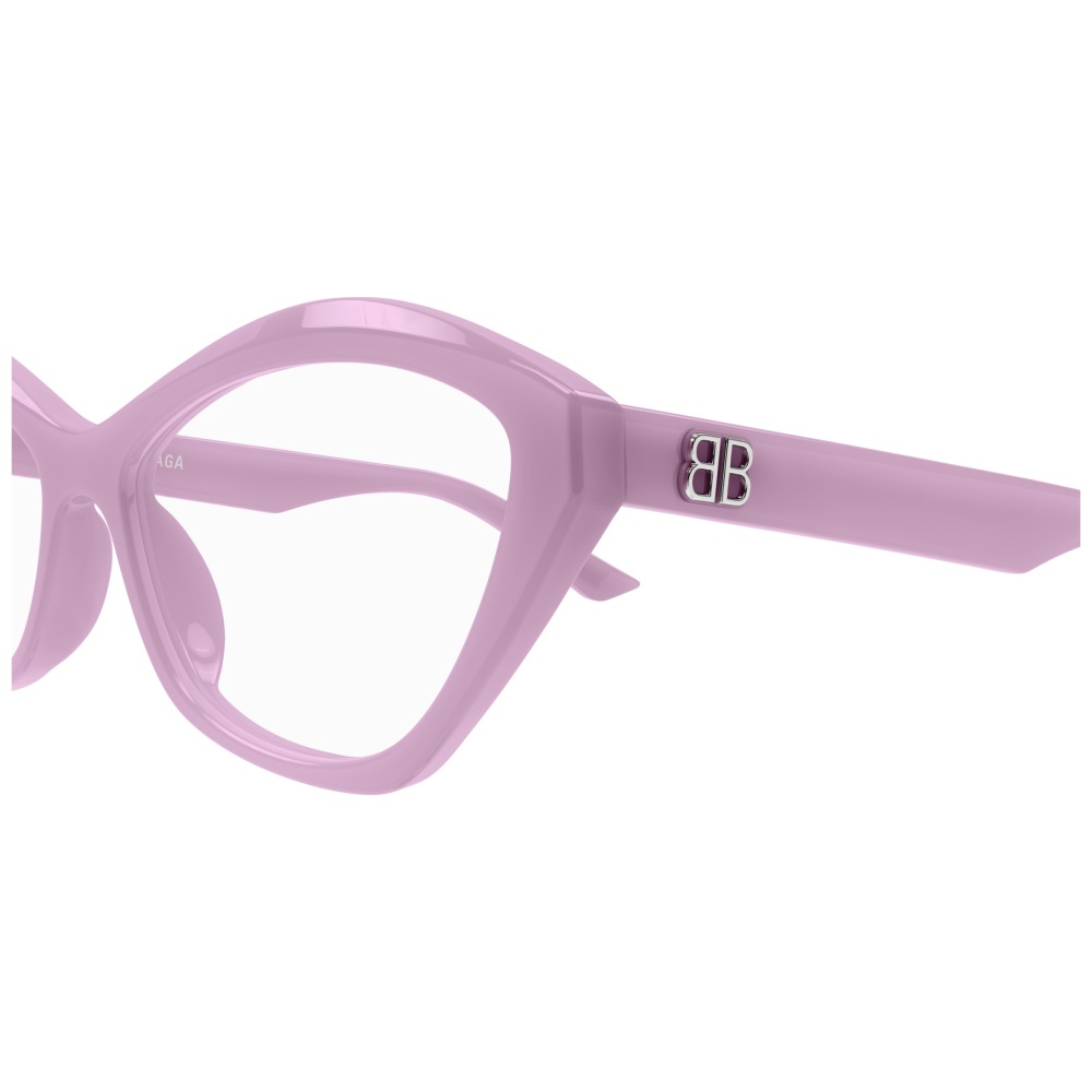 Montatura occhiali Balenciaga, cat-eye, colore lilla, con logo BB sulle aste.