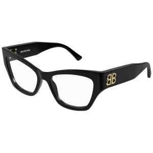 Occhiali Balenciaga, montatura nera spessa, forma cat-eye, dettagli oro.