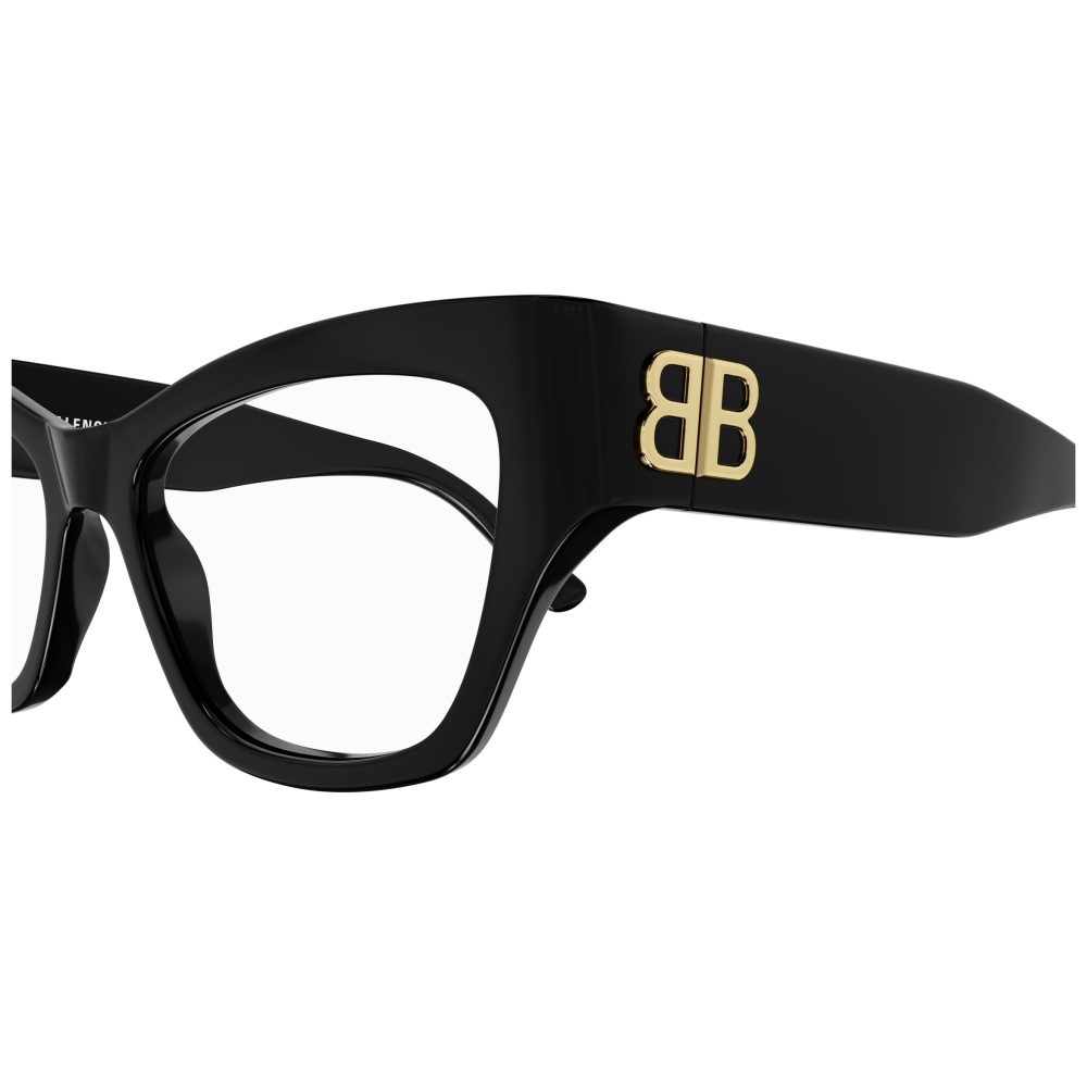 Montatura occhiali Balenciaga nera, forma rettangolare, con logo dorato sulle aste laterali.