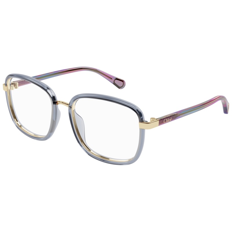 Occhiale Chloé, montatura squadrata in metallo dorato e azzurro, aste colorate con dettagli sfumati.