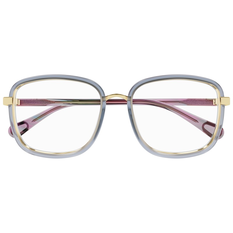 Occhiali oversize, montatura squadrata blu e oro, dettagli rosa; eleganti e moderni.