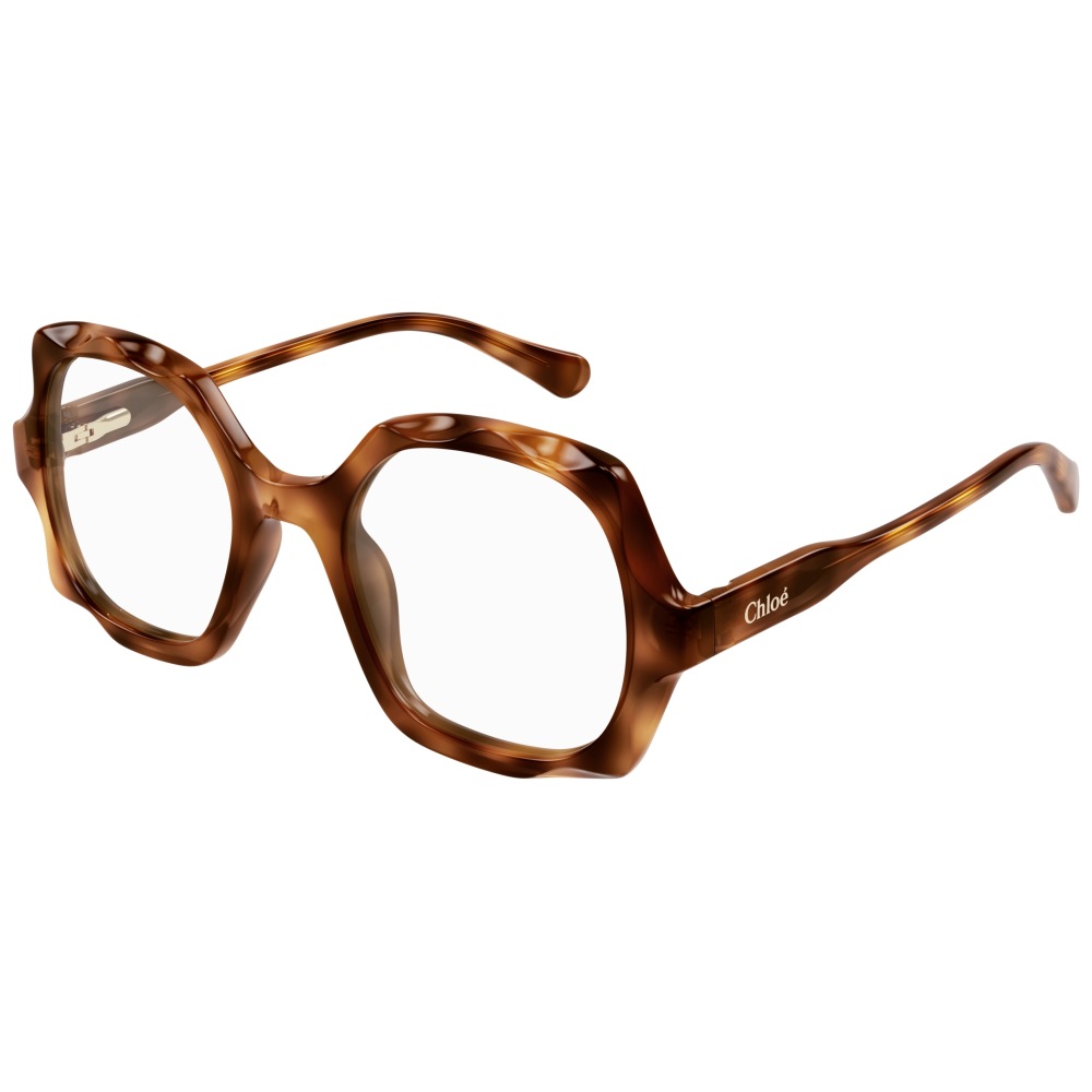Occhiali da vista Chloé, montatura ampia geometrica marrone tartarugata.