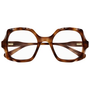 Occhiali oversize, montatura squadrata, marrone trasparente, design elegante. Marca non identificabile.