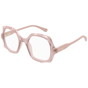 Occhiali Chloé, montatura oversize squadrata color rosa trasparente, stile elegante e moderno.
