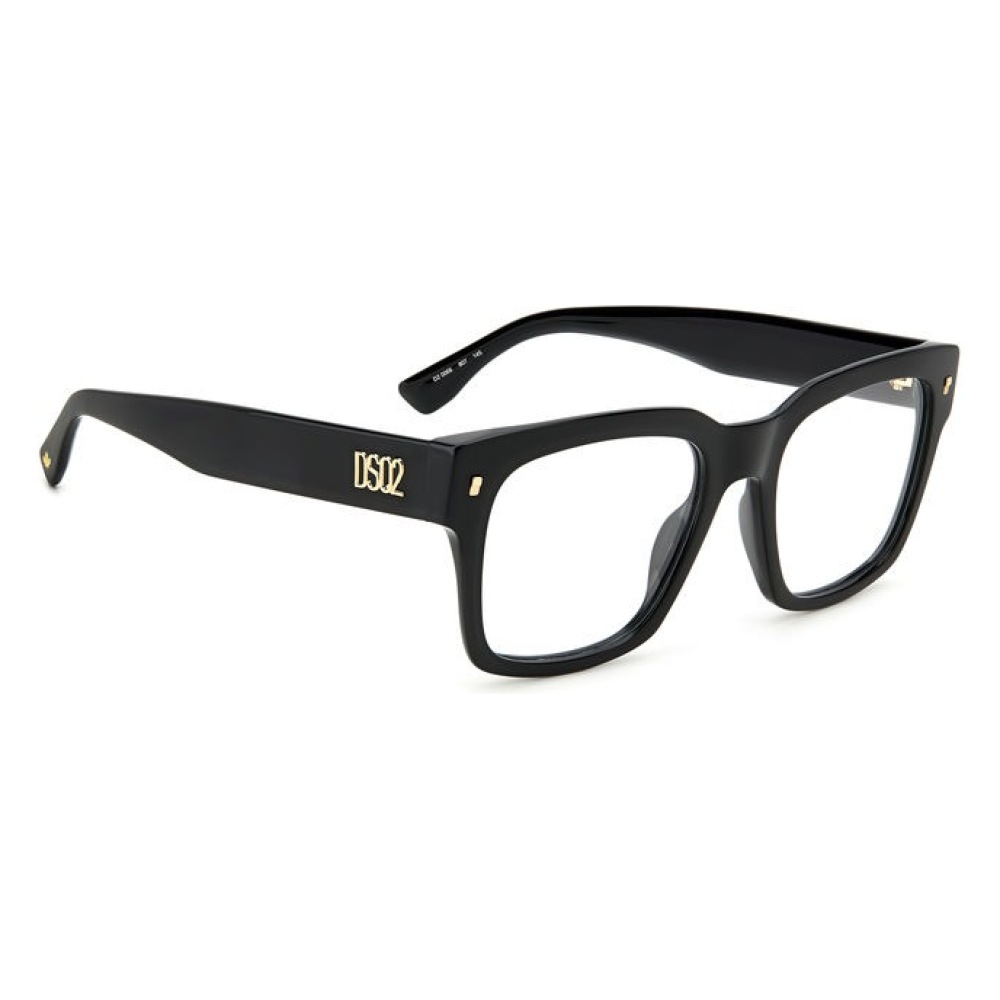 Montatura occhiali DSQUARED2, forma rettangolare, colore nero, dettagli dorati.