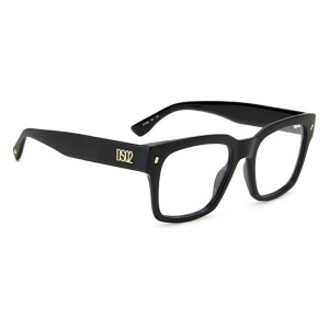 Montatura occhiali DSQUARED2, forma rettangolare, colore nero, dettagli dorati.