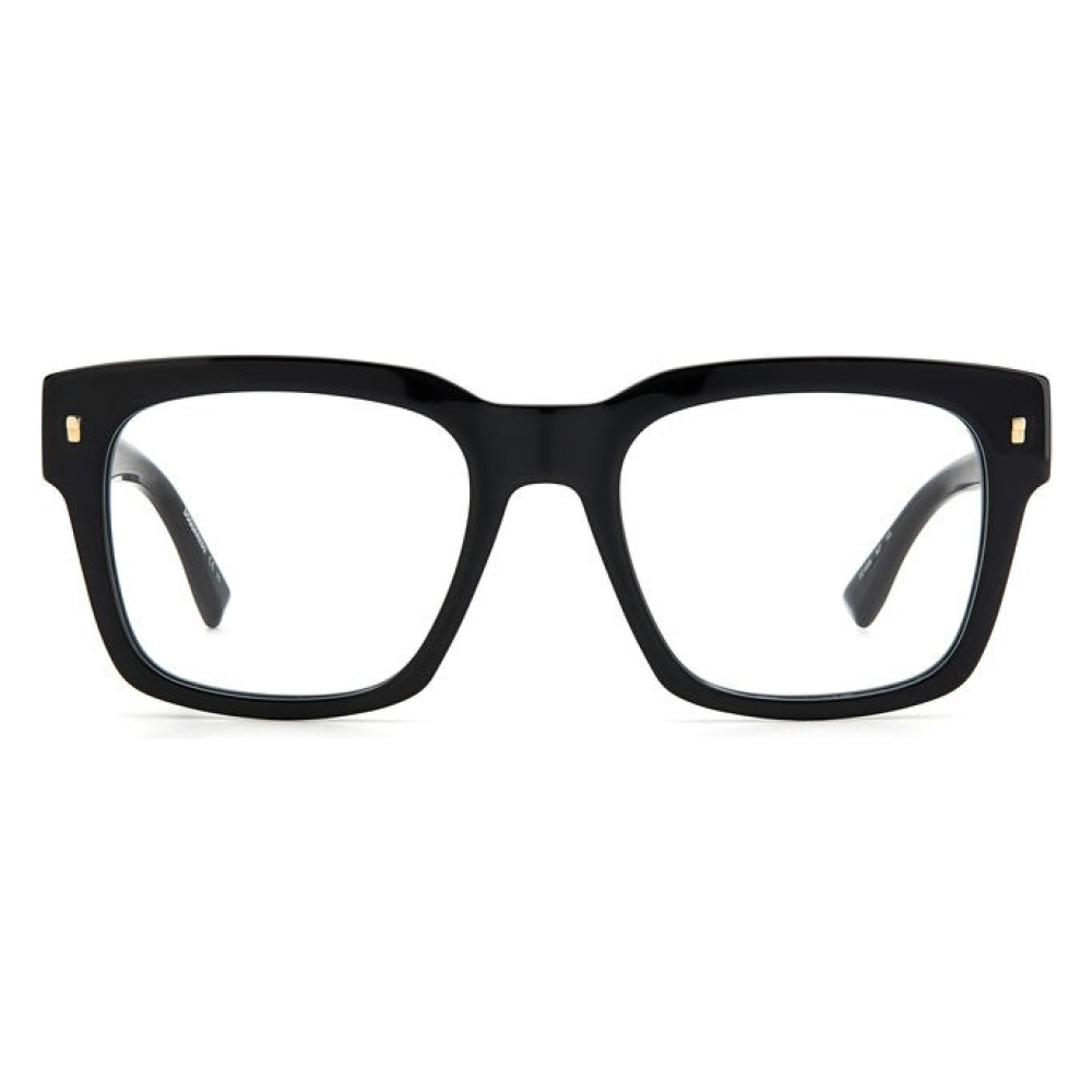 Occhiali da vista, montatura rettangolare nera spessa, design elegante e moderno con dettagli dorati.