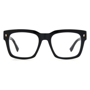 Occhiali da vista, montatura rettangolare nera spessa, design elegante e moderno con dettagli dorati.