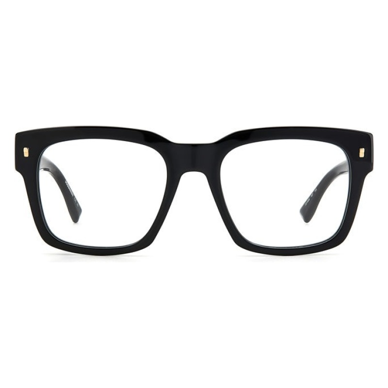 Occhiali da vista, montatura rettangolare nera spessa, design elegante e moderno con dettagli dorati.