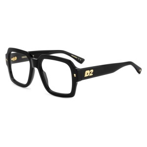 Occhiali Dsquared2, montatura rettangolare nera con dettagli dorati e logo D2 sulle aste.