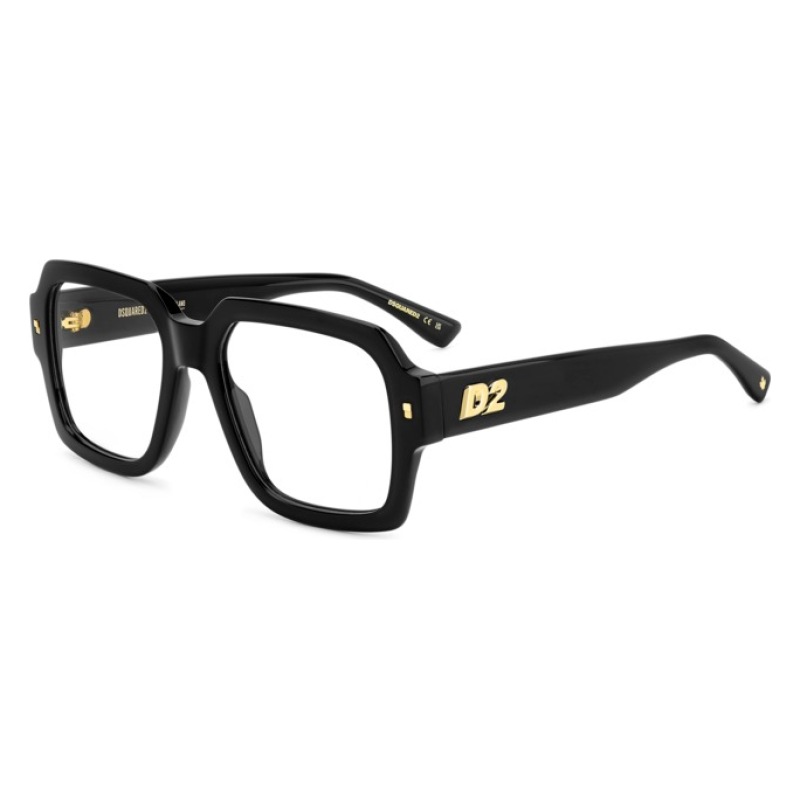 Occhiali Dsquared2, montatura rettangolare nera con dettagli dorati e logo D2 sulle aste.