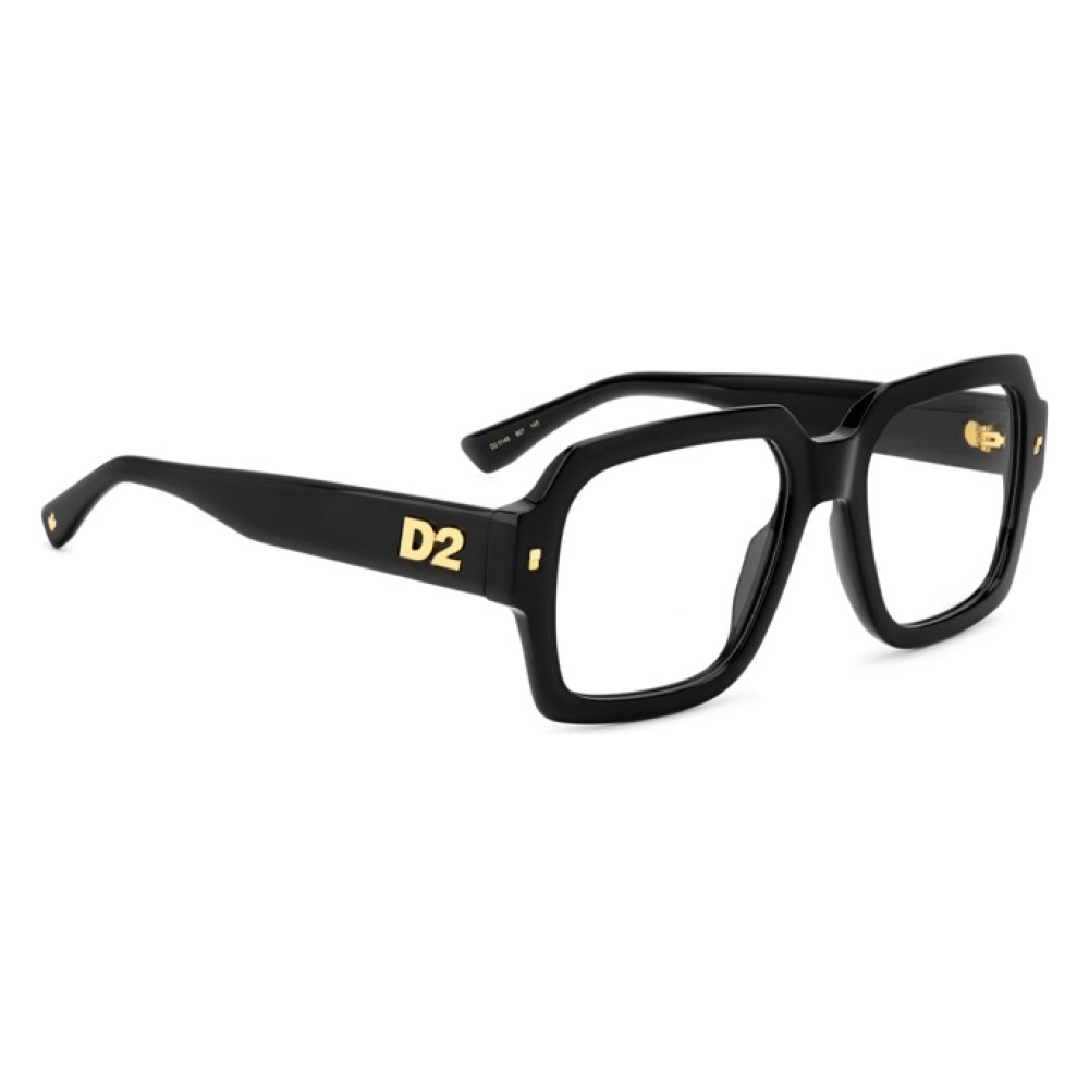 Occhiali Dsquared2, montatura rettangolare nera, dettagli e logo D2 in oro.