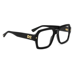 Occhiali Dsquared2, montatura rettangolare nera, dettagli e logo D2 in oro.